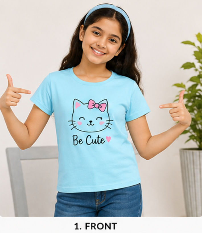 [E09] Be Cute Theme T Shirt For Girls (6-7, 180, Baggy)